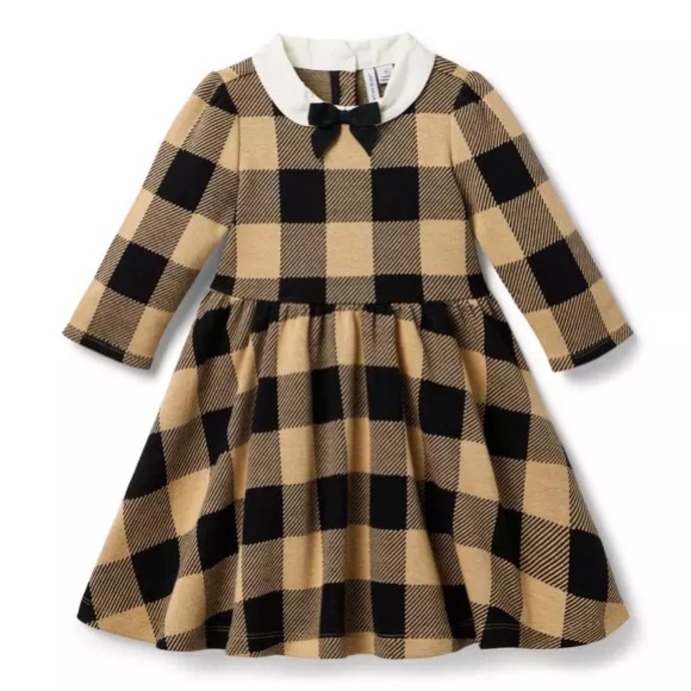 Girls Tan and Black Plaid Dress with Contrast Collar